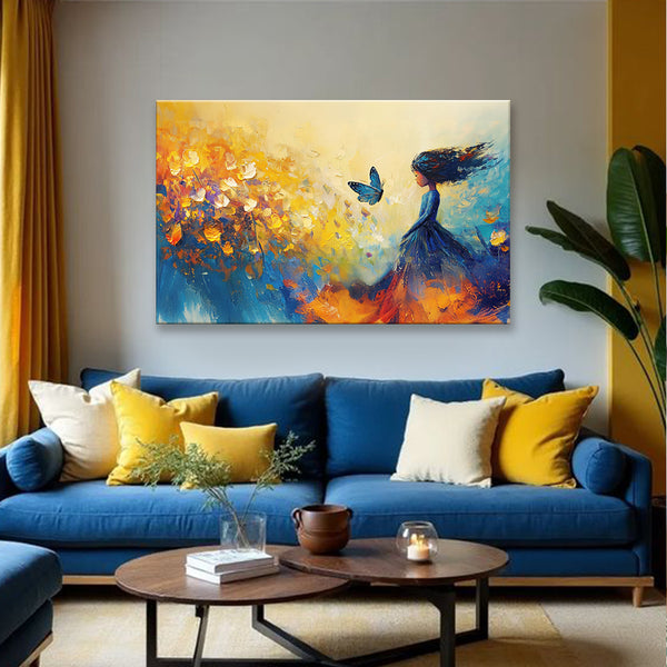 Girl & Butterfly Painting | Dreamy Yellow & Blue Oil Texture Canvas | Girl & Bird Fantasy Wall Art for Bedroom & Living Room Wall Decor