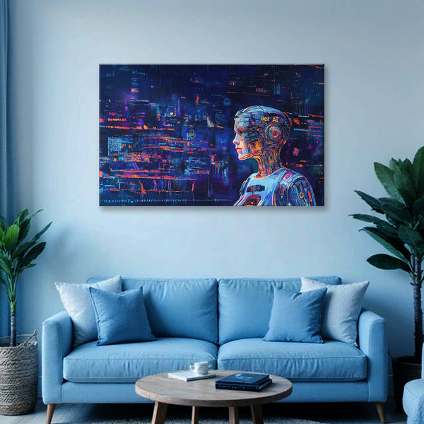 AI Cyberpunk Robot Painting | Futuristic Woman Canvas | Sci-Fi Technology Artificial Intelligence Bot in Neon Lab Wall Art for Home & Office Decor