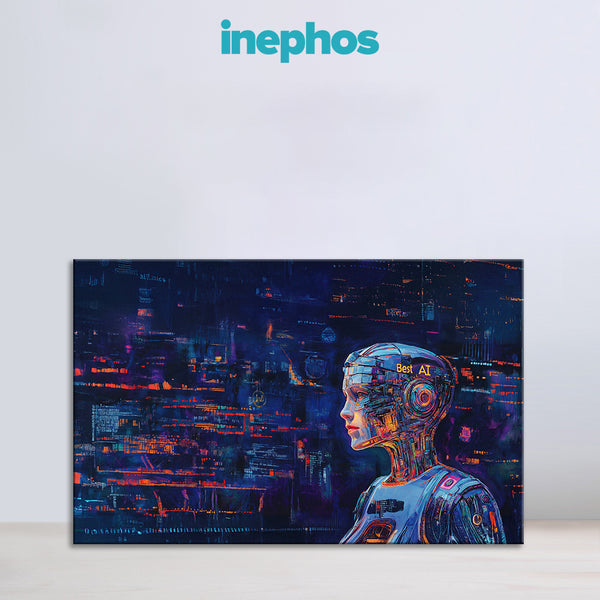 AI Cyberpunk Robot Painting | Futuristic Woman Canvas | Sci-Fi Technology Artificial Intelligence Bot in Neon Lab Wall Art for Home & Office Decor