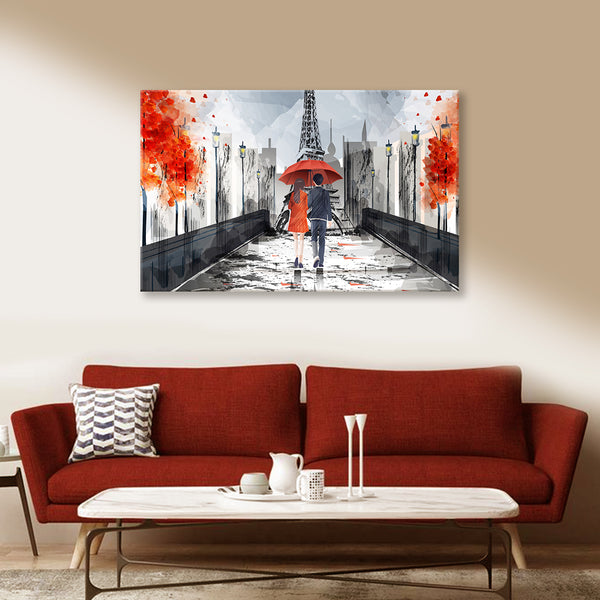 Paris Love Painting | Eiffel Tower Rainy Walk Canvas | Romantic Couple Under Umbrella Wall Art for Bedroom & Living Room Decor