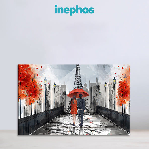 Paris Love Painting | Eiffel Tower Rainy Walk Canvas | Romantic Couple Under Umbrella Wall Art for Bedroom & Living Room Decor