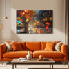 Evening Stroll in Rain Painting | Peaceful Night Cityscape Canvas | Woman with Red Umbrella Wall Art for Living Room Decor