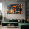 Woman with Umbrella Painting | Rainy Night City Street Canvas | Monsoon Urban Scene | Moody Reflection Wall Art for Living Room Décor