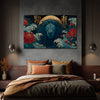 Majestic Chinese Lion Painting | Fierce Powerful Royal Animal Canvas | Golden Halo Wall Art with Flowers & Wave Motifs