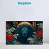 Majestic Chinese Lion Painting | Fierce Powerful Royal Animal Canvas | Golden Halo Wall Art with Flowers & Wave Motifs