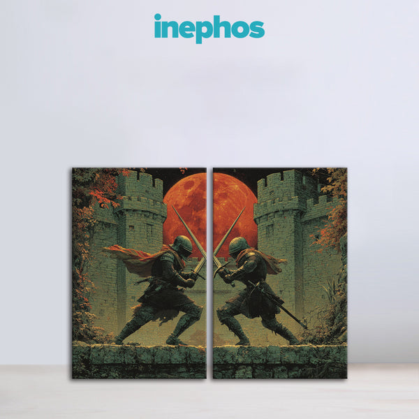 Two Knights Painting | Medieval Warrior Sword Fight Canvas | Dark Fantasy Battle Wall Art | Gothic Castle Duel Scene for Living Room & Game Room