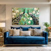 Royal Peacocks Painting | Elegant Nature-Inspired Birds on Flowering Tree Canvas | Vastu Green & White Floral Dancing Peacocks Wall Art for Living Room & Hallway Décor