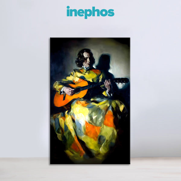 Man with Spanish Guitar Painting | Dramatic Musician in Yellow & Green Robe Canvas Portrait for Home Library & Studio | Artistic Abstract Wall Art for Music Lovers & Creative Spaces