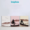 Three artistic landscape paintings with trees and mountains on a white background, featuring the brand 'inephos'.