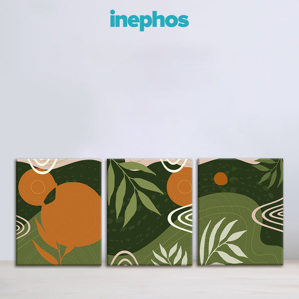 Three abstract art panels with green and orange design on a white background, featuring the brand 'inephos'.