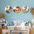 Three circular wall art pieces on a blue wall above a white sofa with decorative pillows.