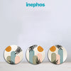 Three circular coasters with abstract designs on a light gray background, featuring the brand 'inephos'.