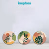 Three round coasters with leaf designs on a light gray background, featuring the brand 'inephos'.