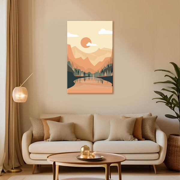 Lavender wall art above a beige sofa in a living room setting