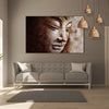 Living room with a large Buddha artwork on the wall, gray sofa, and pendant lights.