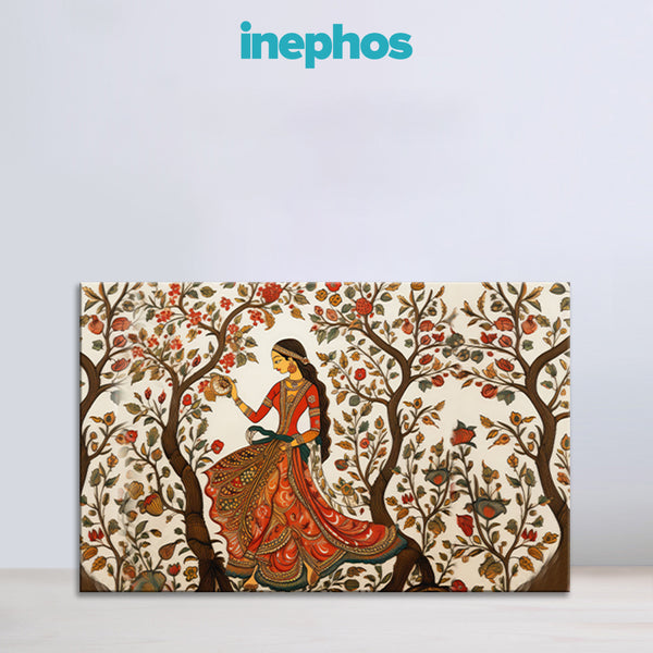 Artistic depiction of a woman in traditional attire among trees with colorful leaves, featuring the brand 'inephos'.