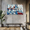 Abstract stained glass-style artwork on a wall with a bench and plant in the foreground.