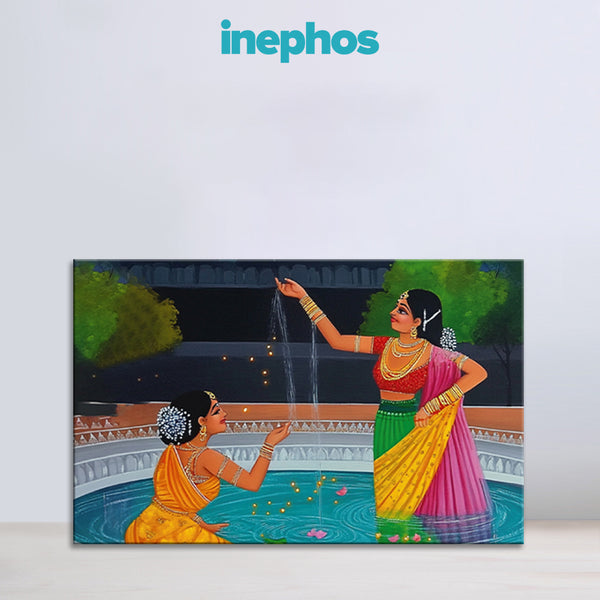 Artistic depiction of two women in traditional attire by a pool, with 'inephos' branding above.