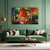 Living room with a green sofa, round wooden coffee table, and a colorful forest painting on the wall.