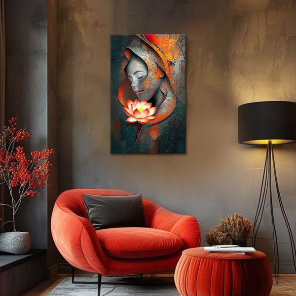 Modern living room with a red armchair, orange ottoman, and abstract painting on the wall.