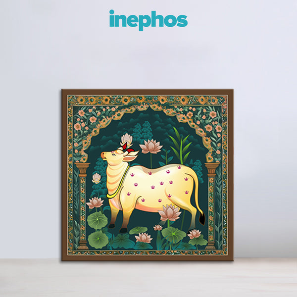 Kamdhenu Cow Traditional Indian Art Canvas | Sacred Cow Wall Painting for Home Mandir, Living Room & Vastu Décor