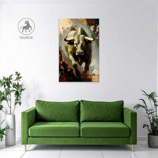 Taurus Zodiac Wall Art | Strength, Stability & Financial Confidence | Power of the Sacred Bull | Sacred Bull Canvas Painting | Taurus Earth Sign Prosperity & Power Astrology Artwork | Office Cabins & Leadership Spaces