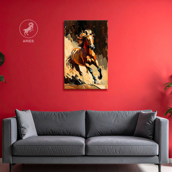 Aries Zodiac Wall Art | Courage, Drive &amp; Winning Mindset | Momentum of Victory | Running Horse Canvas Painting | Fiery Leadership Energy Astrology Artwork | Home & Office Décor