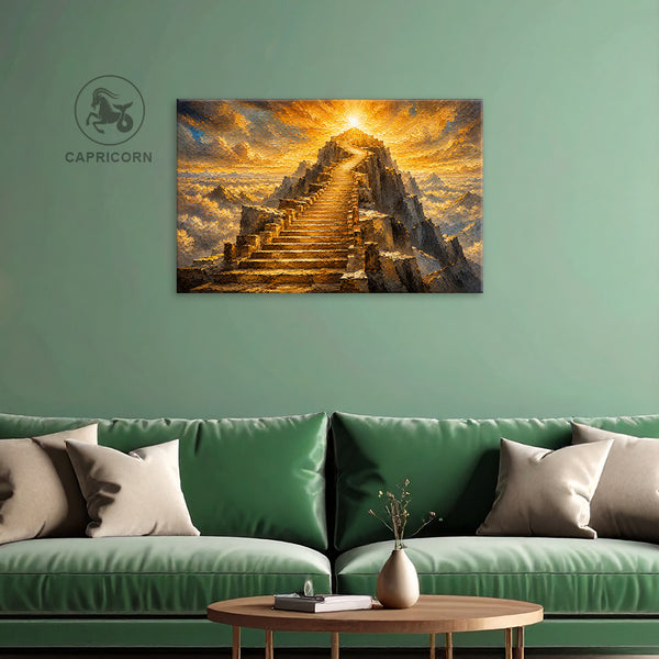 Capricorn Zodiac Wall Art | Golden Stairway to Mastery & Success | Celestial Mountain Astrology Canvas Painting | Ambition, Discipline & Achievement Artwork | Luxury Capricorn Spiritual Decor