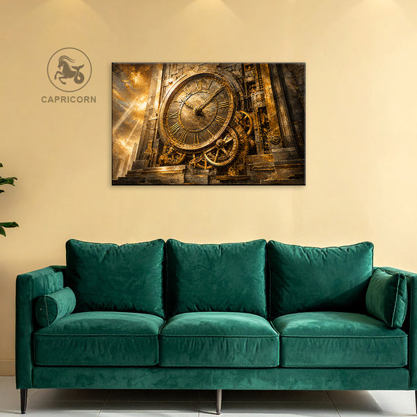 Capricorn Zodiac Wall Art | Eternal Clock of Discipline & Time Mastery | Golden Mechanical Astrology Canvas Painting | Ambition, Precision & Legacy Artwork | Luxury Capricorn Decor
