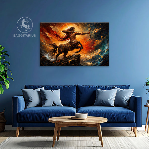Sagittarius Zodiac Wall Art | Celestial Archer of Freedom & Vision | Fiery Centaur Astrology Canvas Painting | Adventure, Wisdom & Expansion Energy Artwork | Luxury Sagittarius Spiritual Decor
