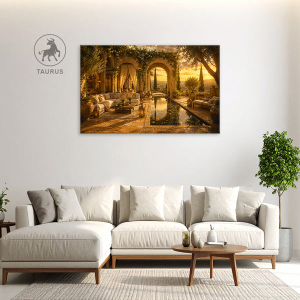 Taurus Zodiac Wall Art | Luxury, Comfort & Abundant Living | Golden Serenity Estate | Prosperity & Peace Energy Canvas Painting | Taurus Earth Sign Astrology Artwork | Wealth, Harmony & Elegant Lifestyle Spaces