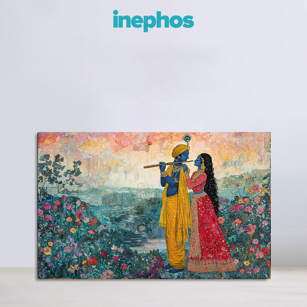 Radha Krishna Canvas Painting | Romantic Krishna Wall Art with Floral Landscape | Premium Spiritual Canvas Wall Decor
