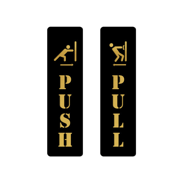 Inephos Acrylic Door Signage – Push and Pull Door Sign with Action Icon – Black and Gold – Set of 2