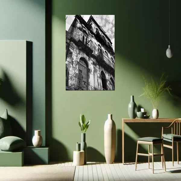 Living room with green walls, a black and white architectural print, and decorative vases.