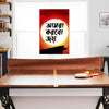 Dining room with a table and chairs, featuring a colorful poster on the wall.