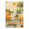 Tropical scene with palm trees, a boat, and buildings on a yellow background
