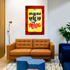 Modern living room with a brown sofa, blue ottomans, and a colorful poster on the wall.
