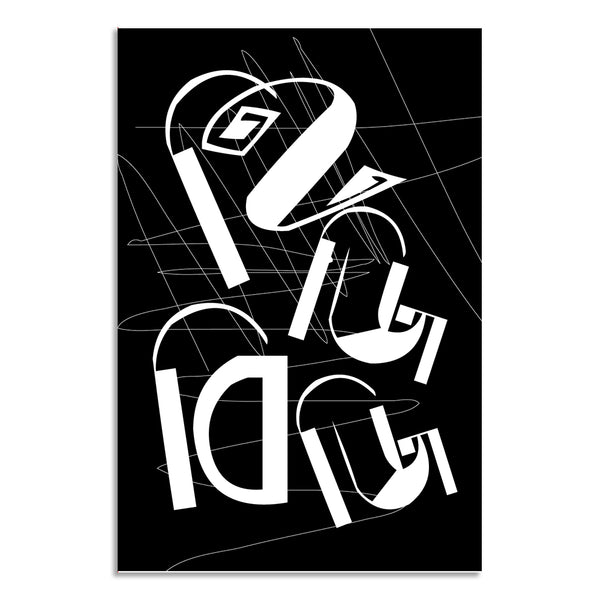 Black and white abstract design with geometric shapes on a black background