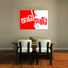 Dining room with a wooden table and chairs, and a red and white abstract painting on the wall.