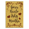 Decorative poster with ornate text and floral elements on a yellow background