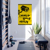 Gym room with exercise equipment and a yellow warning sign on the wall.
